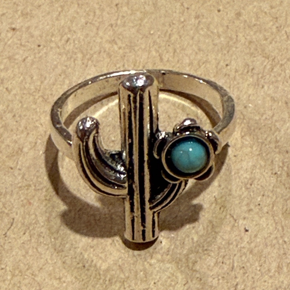 Silver Cactus Ring with Turquoise Accent Size 7.5
